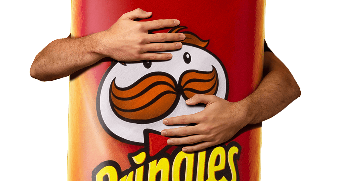 Arms hugging a giant Pringles can