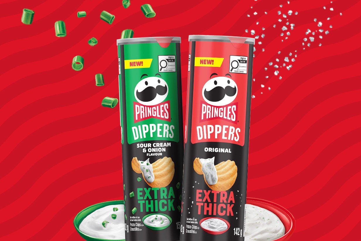 Pringles Dippers cans on a red background