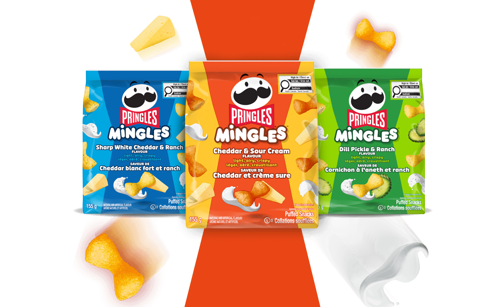 Pringles Mingles product packages on a yellow background. Pieces of Mingles surround the packages. 