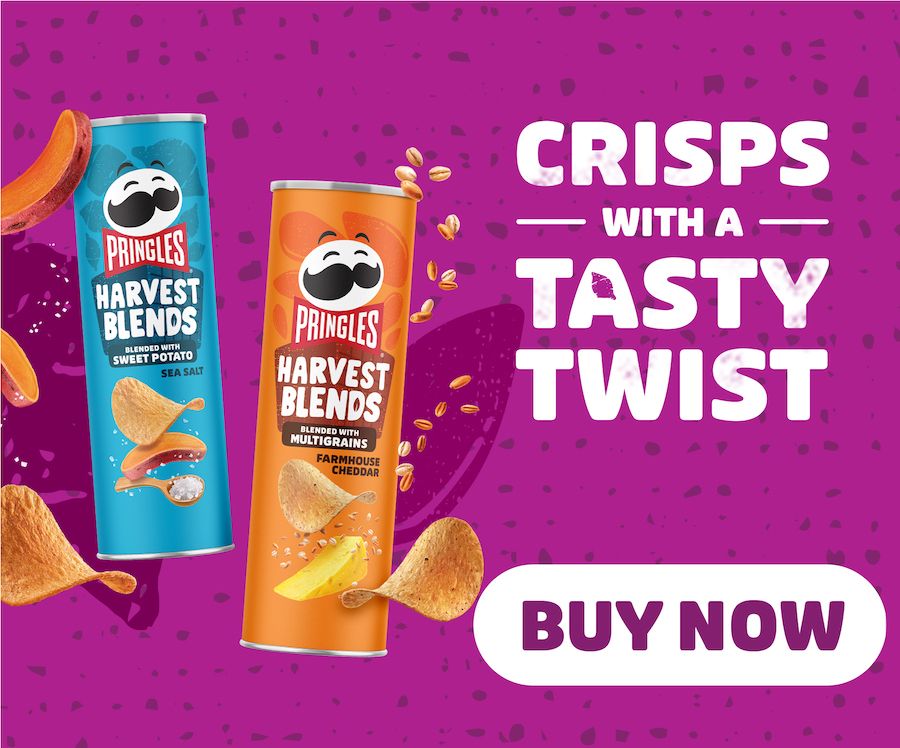 Cans of Pringles Harvest Blends sweet potato flavor and multigrain farmhouse cheddar flavor on a purple background. Crisps with a tasty twist. buy now