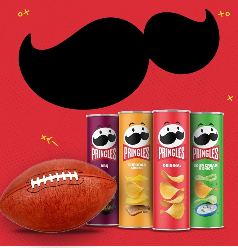 a Pringles moustache, several footbal play symbols, and four cans of various Pringles flavors