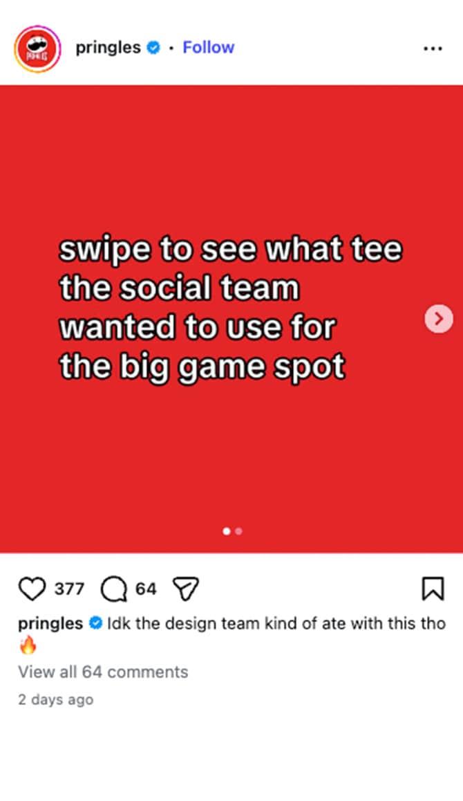 Pringles Social Media Post - Swipe to see what tee the social media team wanted to use for the big game spot