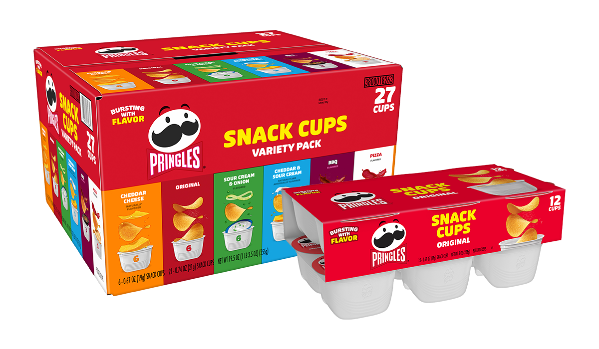 A Pringles Snack Cups 27 cups variety pack and 12 cups packages