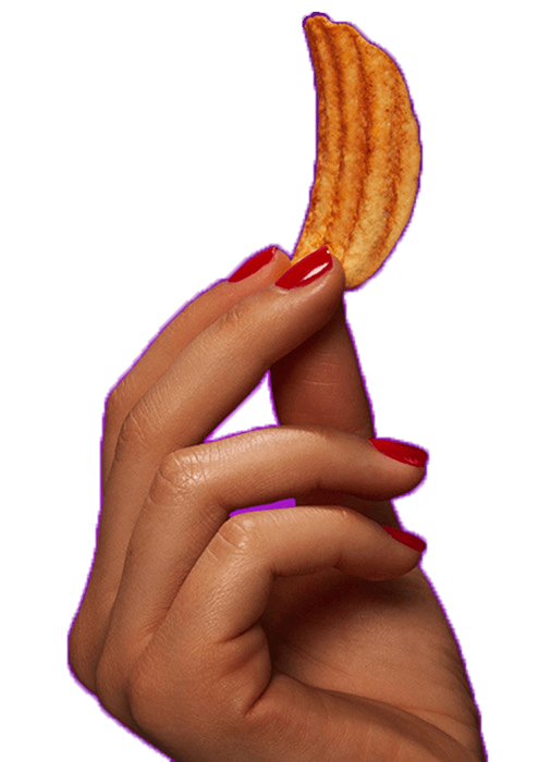 A hand holding a Wavy Pringles Crisp