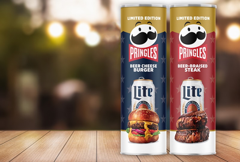 NEW Pringles x Miller Lite Beer Cheese Burger crisps and Pringles x Miller Lite Beer-Braised Steak crisps
